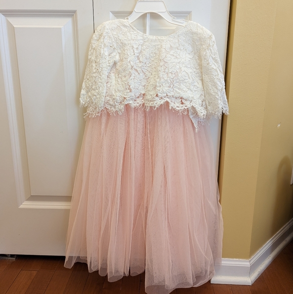 Two Piece Crochet Lace Flower Girl Top, Blush Pink Tulle Princess Tutu Skirt - Picture 2 of 11